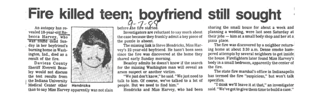 Evansville Press clipping - Fired killed teen, boyfriend still sought