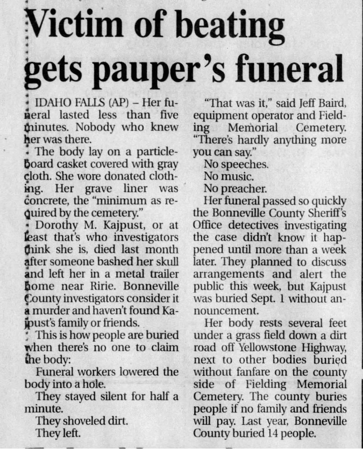 newspaper article about Dorothy's burial