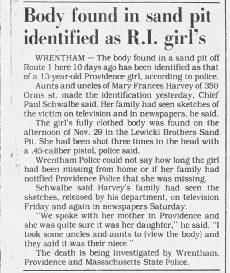 December 9th, 1980 article identifying the body as Frankie Harvey