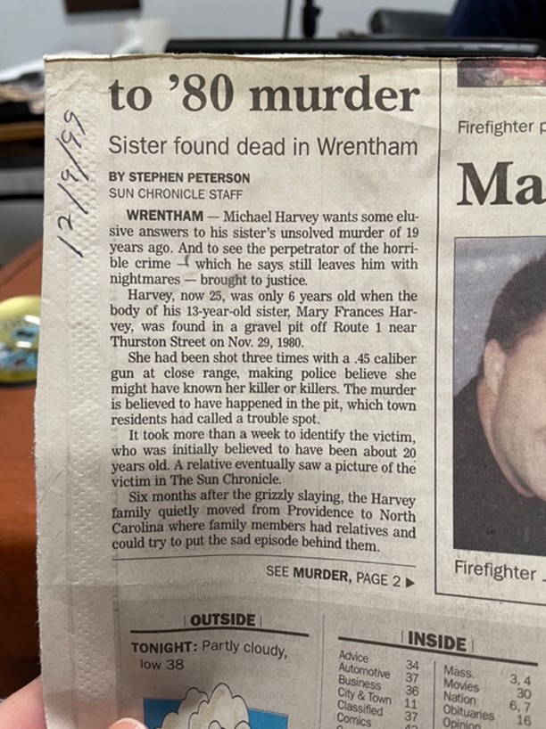 December 9th, 1999 article announcing Michael Harvey is still pressing to get answers for his sister's murder.