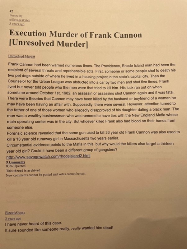 Blog Post about the murder of Frank Cannon