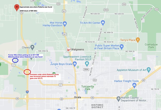 Map showing locations about Roberta's murder