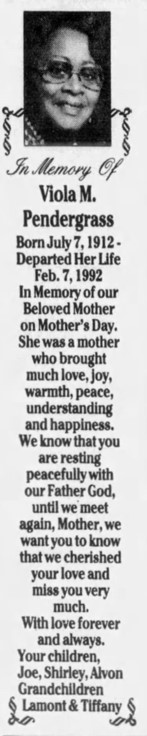 Newspaper Ad to honor Viola Pendergrass in 2001