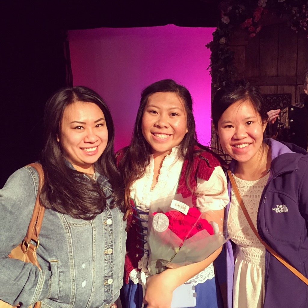 Maggie (center) with her sisters Lynna (left) and Connie (right) after a production of Beauty and the Beast.