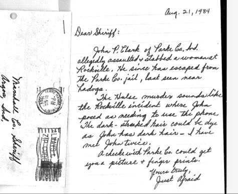 A letter sent to Marshall County Sheriff during the search for Darlene’s killer