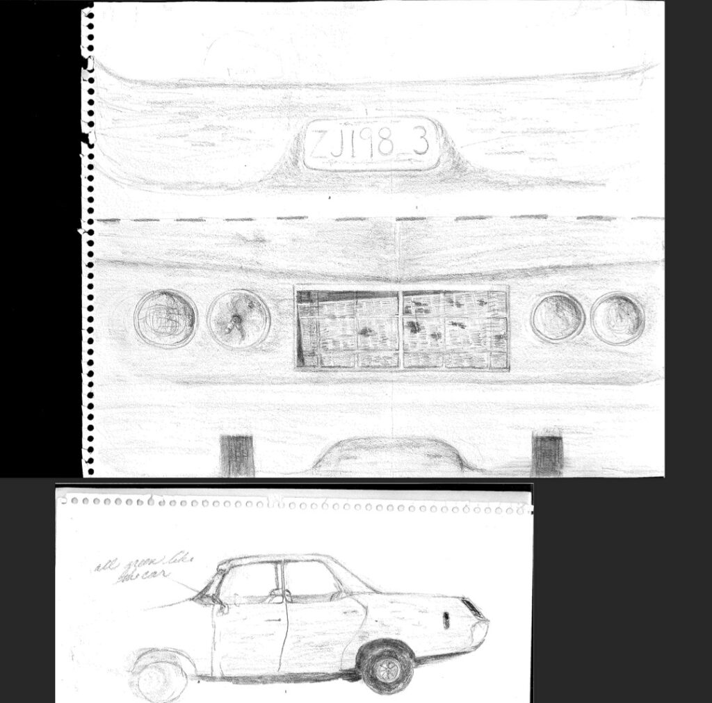 Sketches of the car from Sellers’ session with an artist