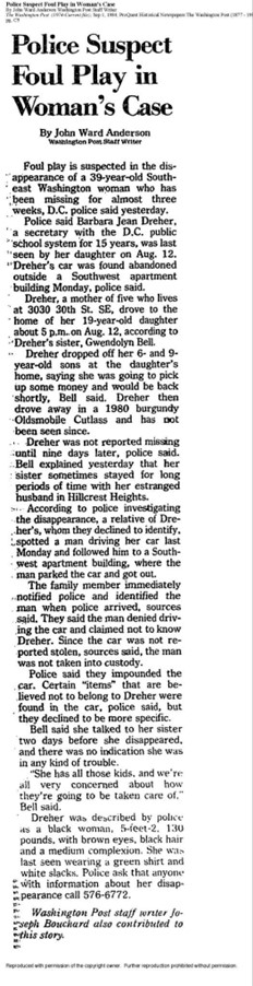 An article published by The Washington Post on September 1st, 1984, about Barbara’s disappearance.