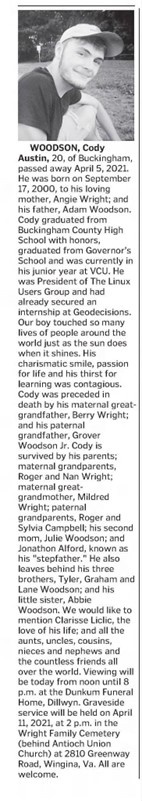 Cody’s obituary in the Richmond Times-Dispatch.