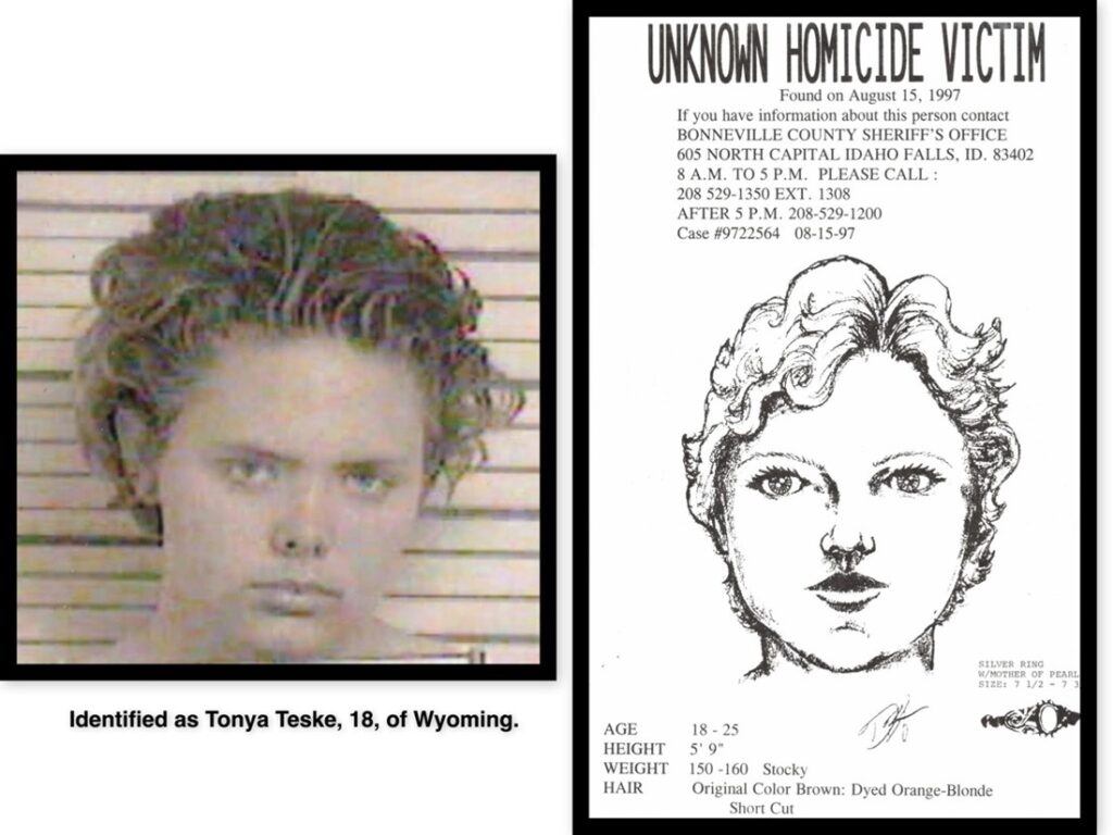 The poster on the right was distributed in August 1997 when police were trying to identify Tonya. The photo of the left was all they had to go on – a ’97 mugshot of Tonya in Utah after a forgery charge.