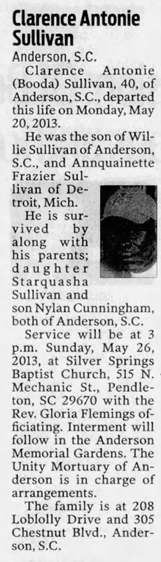 Booda’s obituary, published in The Anderson Independent-Mail on May 25, 2013.