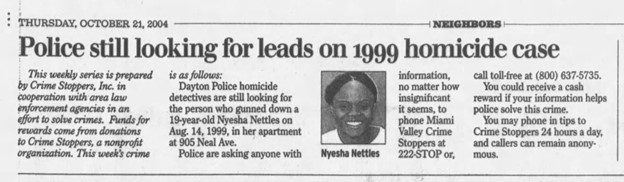 A newspaper clipping regarding Nyesha’s murder.