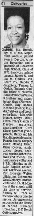 Brenda’s obituary in the newspaper, published December 16, 1990.