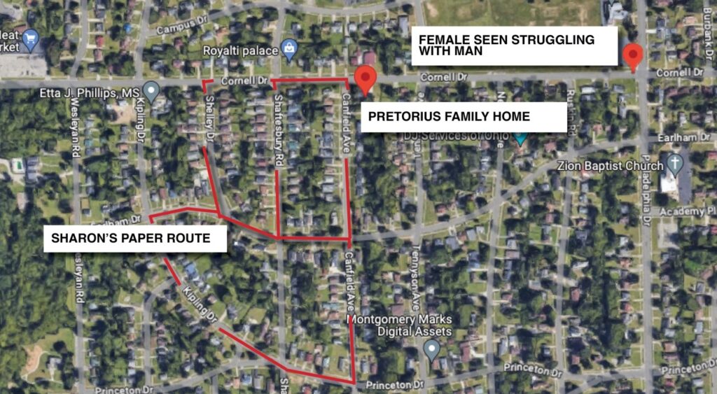 Map of Sharon’s paper route, her family home, and where a woman was seen struggling with a man.