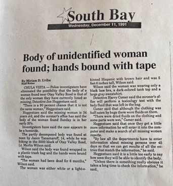 Newspaper article covering the discovery of Clarissa’s body, published December 11, 1991.