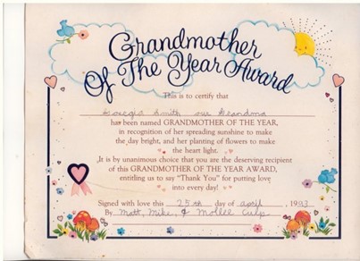 A “Grandmother of the Year” certificate given to Georgia by her 3 grandchildren in 1993.
