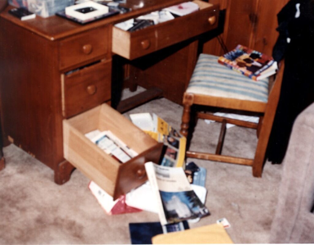 An original crime scene photo of the ransacking in Dana’s home.