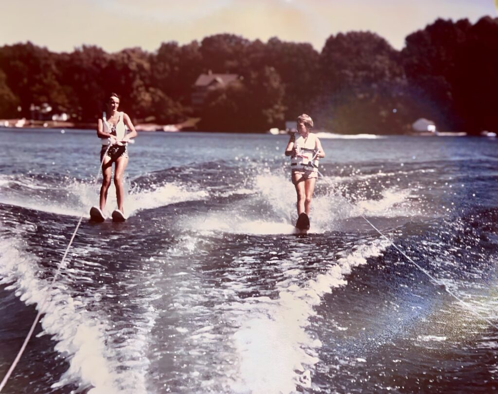 An enhanced photo of Ada and her son, Greg, waterskiing. Courtesy: The Haradine Family.