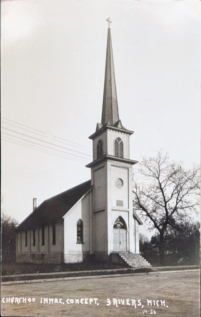 A postcard of Immaculate Conception Church. Jeff was baptized at this church in Three Rivers. Terry and his then-wife were named as his godparents.