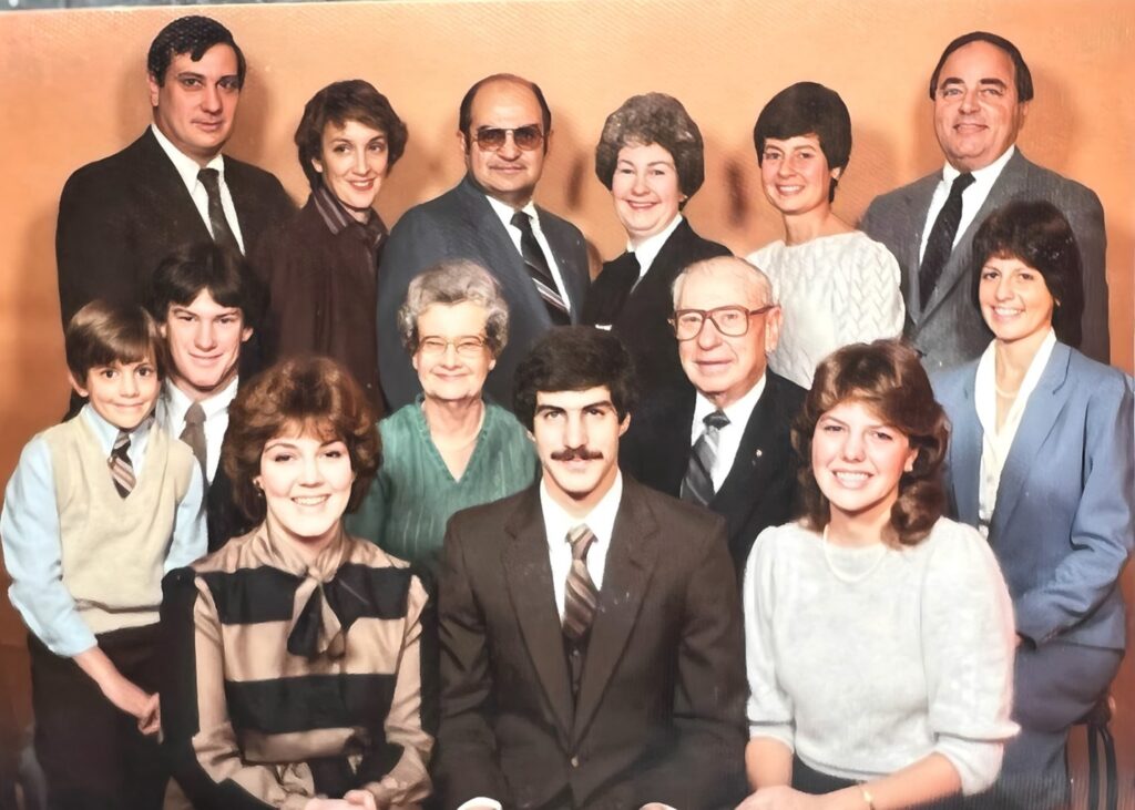 The Haradine family; Back row: Ed and Ada; Ed's brother-in-law Larry Sarhatt and sister Betty Sarhatt; Ed's sister Ann and her husband Don. Middle row: Ed and Ada's sons, Jeff and Greg Haradine; Ed's parents, Louise and Carl Haradine; Ed's niece, Susan. Front row: Larry & Betty's children, Teresa and Mike Sarhatt; Ed's niece, Amy.