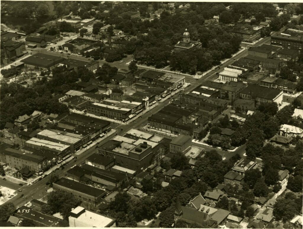 An aerial view of Goshen, Indiana circa 1975.