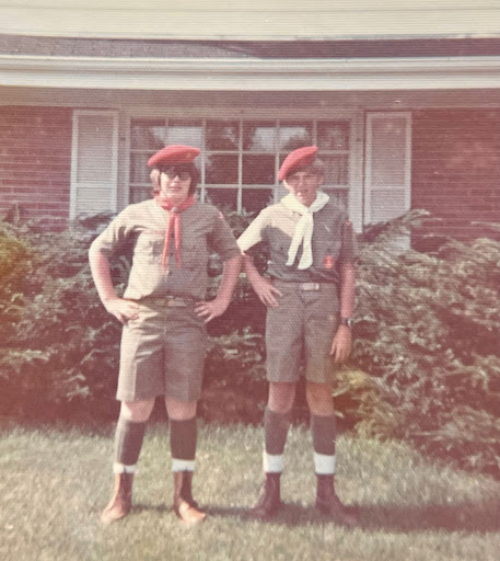 A photo of Bob (left) age 14 in his scouts uniform with a friend.