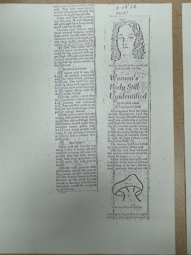 A composite sketch of Frigid Frida’s mushroom tattoo circulated by Sauk County.