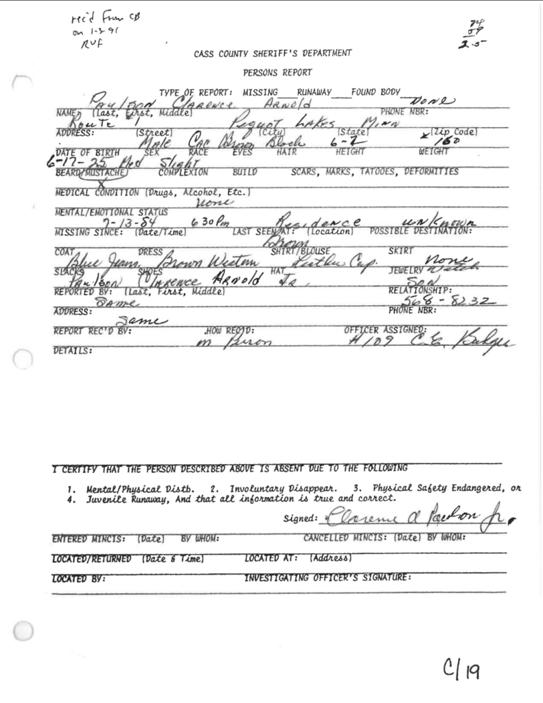After the Paulsons were reported missing, investigators from Cass County and next-door Crow Wing County walked dirt roads around the property, looking for signs of Marjorie and Clarence. Other deputies swept the area in a helicopter. Courtesy: Cass County Sheriff’s Office