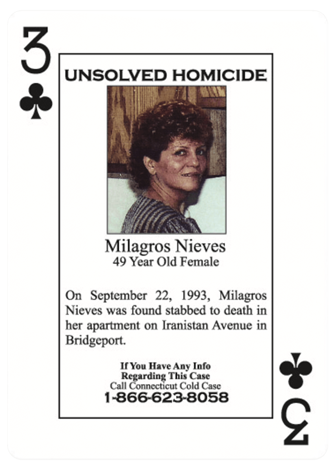 Milagros Nieves Milagros Nieves is featured as the 3 of Clubs. Source: Connecticut Division of Criminal Justice in partnership with the Connecticut Department of Correction.